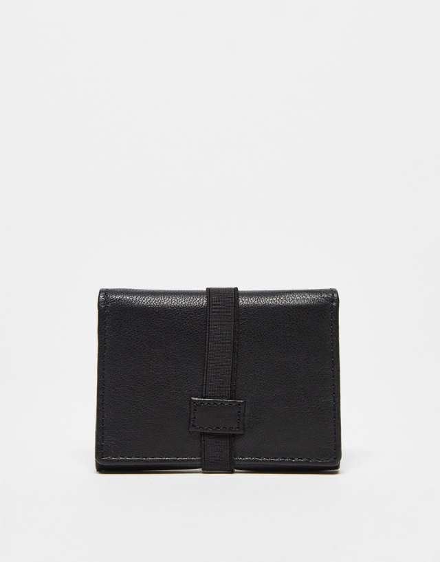 ASOS DESIGN real leather fold over card holder with elastic strap in black