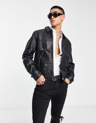ASOS DESIGN real leather harrington jacket in black