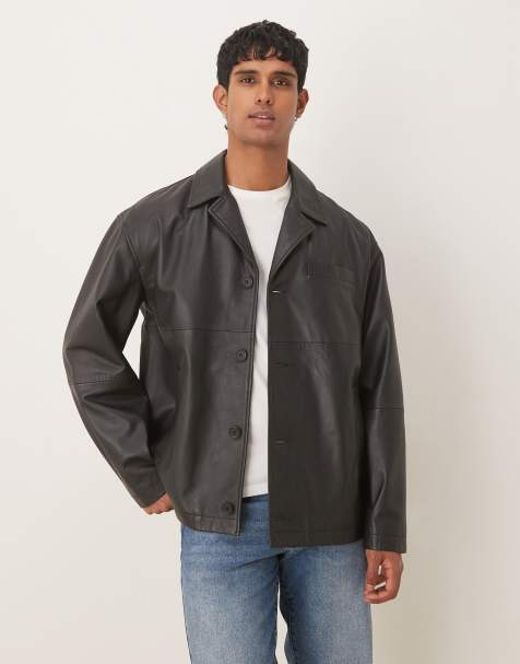 ASOS DESIGN real leather harrington jacket in black - view 1