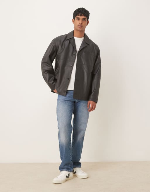 ASOS DESIGN real leather harrington jacket in black, 2 of 5