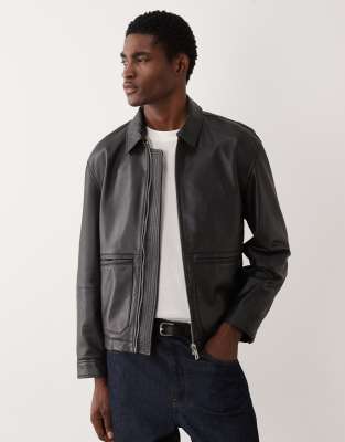 Asos Design Real Leather Harrington Jacket In Black
