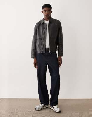 Asos Design Real Leather Oversized Harrington Jacket In Black