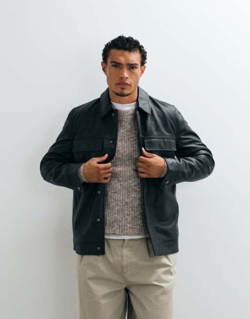 ASOS DESIGN real leather harrington jacket in black, 2 of 5
