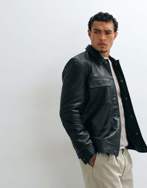 ASOS DESIGN real leather harrington jacket in black, 4 of 5