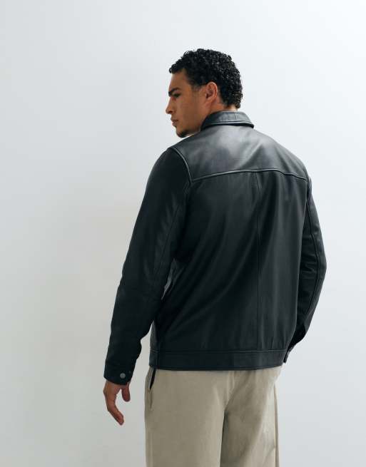 ASOS DESIGN real leather harrington jacket in black, 5 of 5