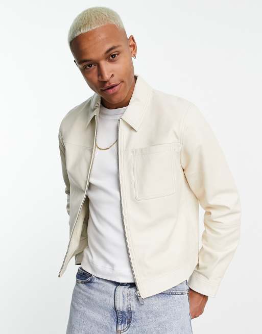 ASOS DESIGN real leather harrington jacket in ecru