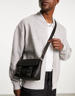 Men's Genuine Leather Medium Cross Body Shoulder Messenger Bag - Black