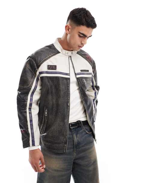 ASOS DESIGN real leather motocross jacket with badges in washed black - view 1