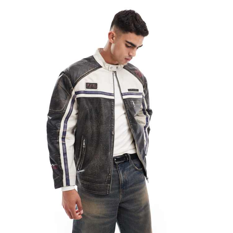 ASOS DESIGN real leather motocross jacket with badges in