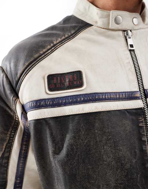 ASOS DESIGN real leather motocross jacket with badges in washed black, 4 of 4