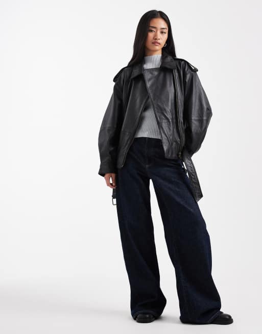 ASOS DESIGN real leather oversized biker in black, 2 of 7
