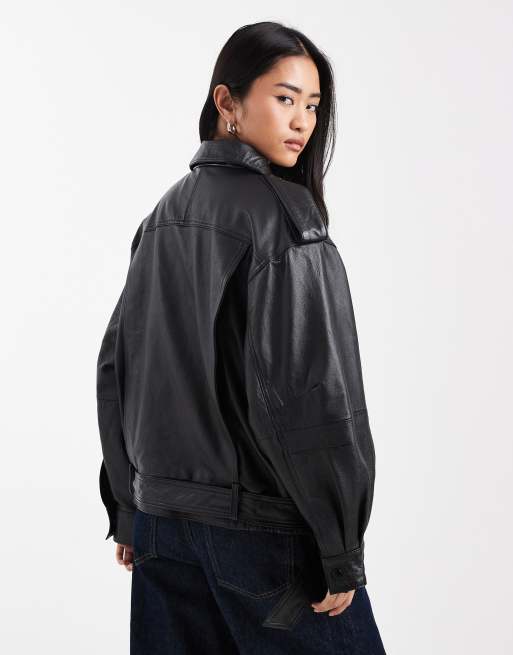 ASOS DESIGN real leather oversized biker in black, 4 of 7