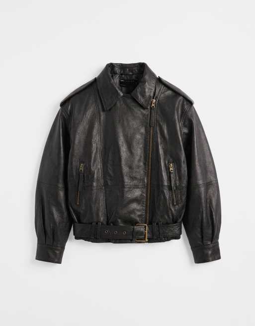 ASOS DESIGN real leather oversized biker in black, 5 of 7