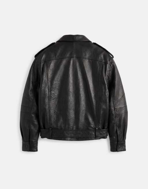 ASOS DESIGN real leather oversized biker in black, 6 of 7