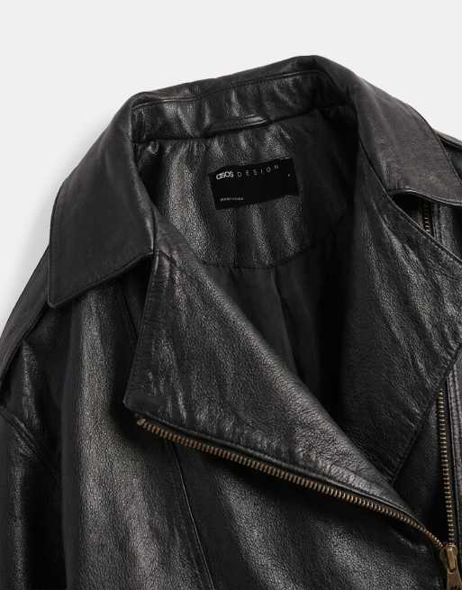 ASOS DESIGN real leather oversized biker in black, 7 of 7