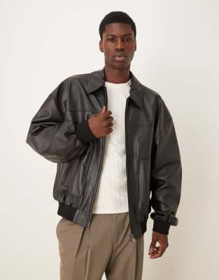Asos Design Real Leather Oversized Bomber Jacket In Brown
