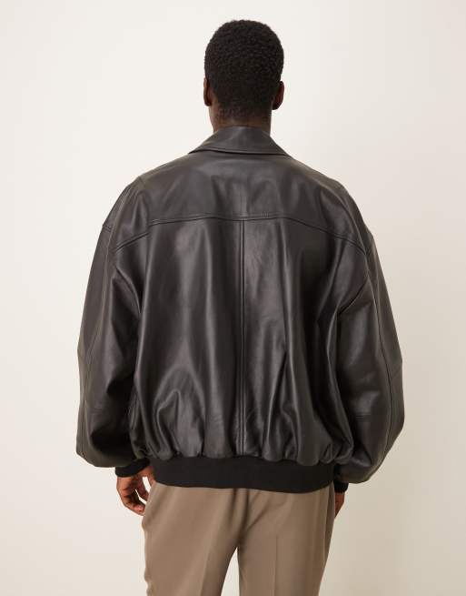 ASOS DESIGN real leather oversized bomber jacket in black, 3 of 5
