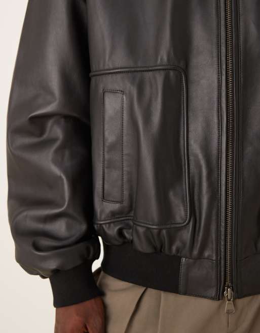 ASOS DESIGN real leather oversized bomber jacket in black, 5 of 5