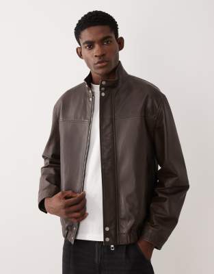 Asos Design Real Leather Oversized Bomber Jacket In Brown
