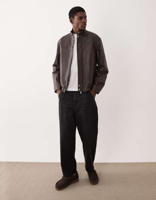ASOS DESIGN real leather oversized bomber jacket in brown, 2 of 5