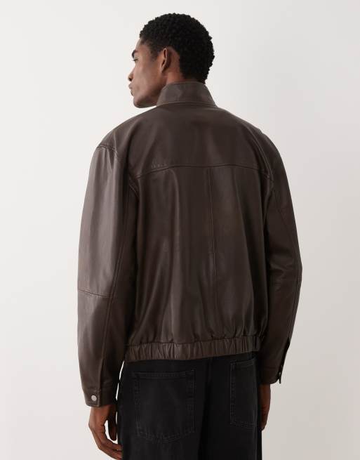 ASOS DESIGN real leather oversized bomber jacket in brown, 3 of 5