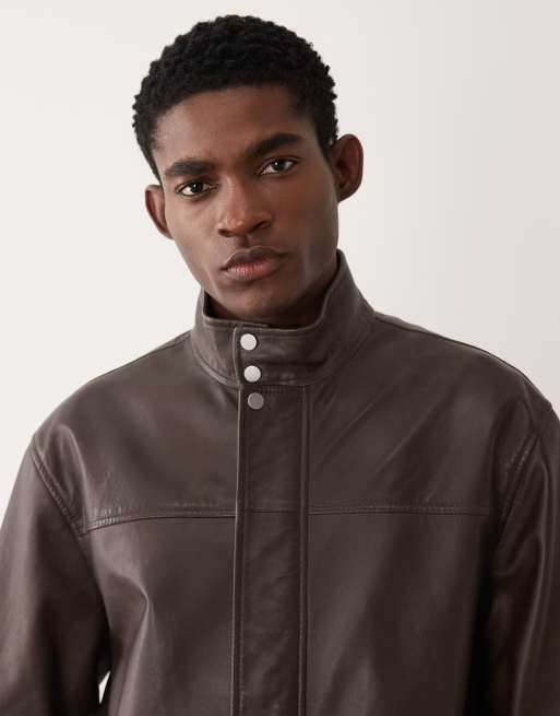 ASOS DESIGN real leather oversized bomber jacket in brown, 5 of 5