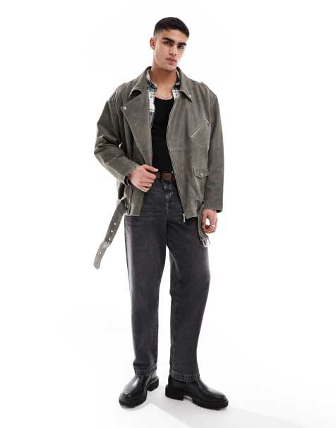 ASOS DESIGN real leather oversized distressed biker jacket in grey - view 1