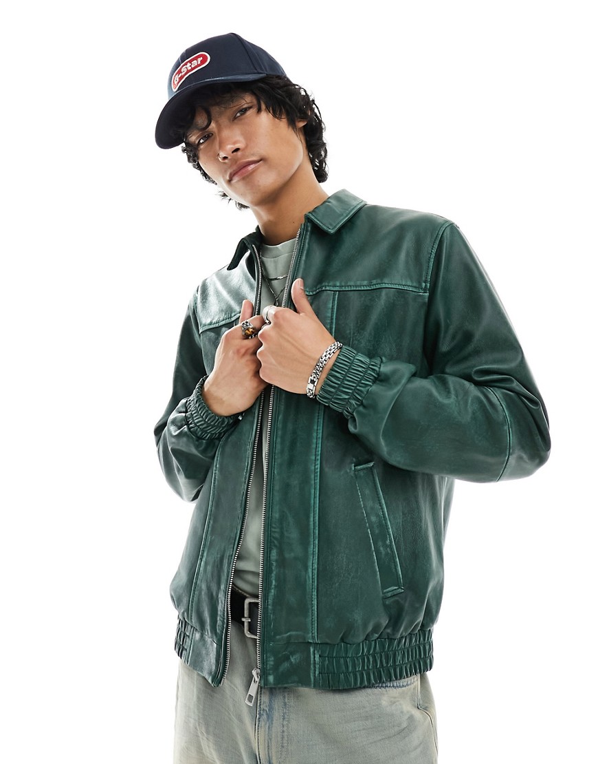 real leather oversized distressed bomber jacket with seam detail in green