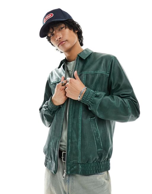 FhyzicsShops DESIGN real leather oversized distressed bomber jacket with seam detail in green