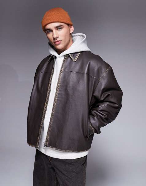 ASOS DESIGN real leather oversized distressed coach jacket in brown - view 1