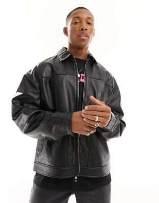 Asos Design Real Leather Oversized Harrington Jacket In Black