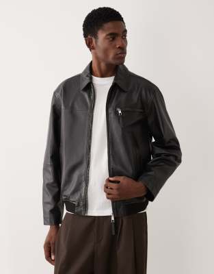 Asos Design Real Leather Oversized Harrington Jacket In Black