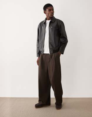 Asos Design Real Leather Oversized Harrington Jacket In Black