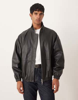 Asos Design Real Leather Oversized Track Jacket In Black