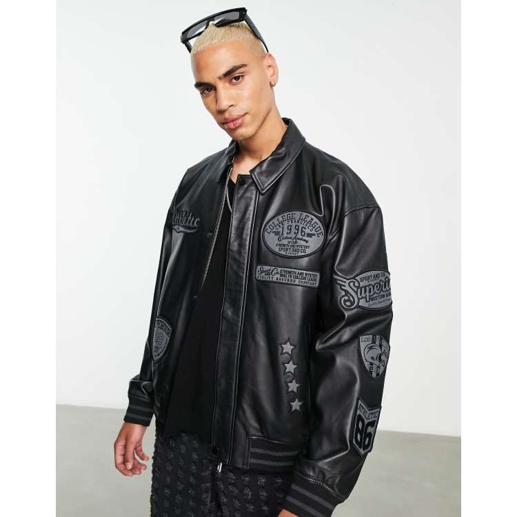 ASOS DESIGN leather varsity coach jacket with embroidery in black