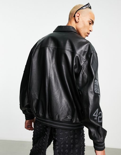 ASOS DESIGN oversized real varsity leather bomber jacket in black