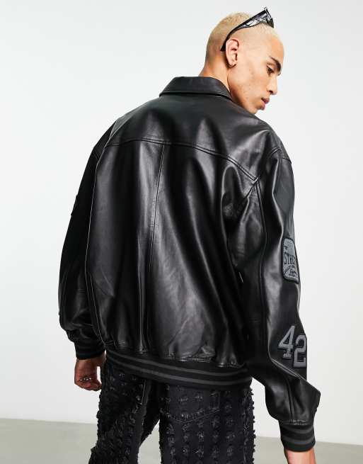 ASOS DESIGN oversized real leather varsity bomber jacket with embroidery in  black