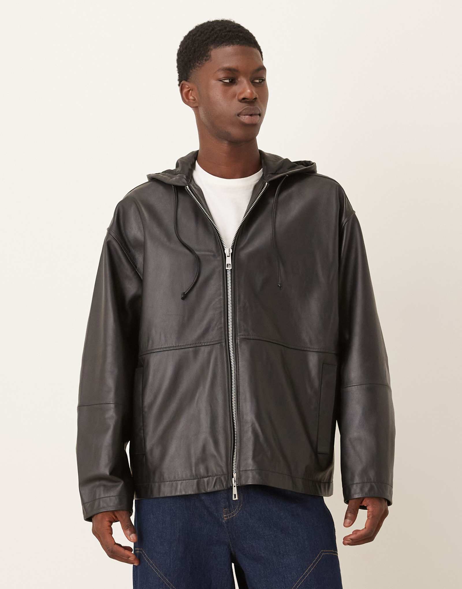 ДИЗАЙНЕРСКАЯ куртка ASOS из натуральной кожи большого размера на молнии с капюшоном черного цвета