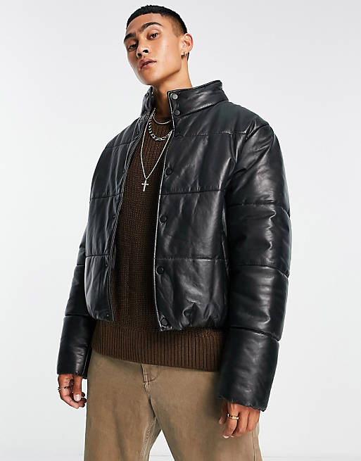 ASOS DESIGN real leather puffer jacket in black
