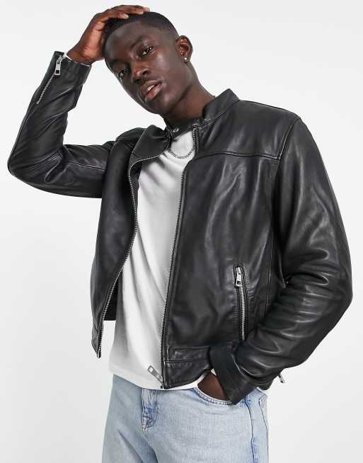 ASOS Real Leather Varsity Jacket in Green for Men