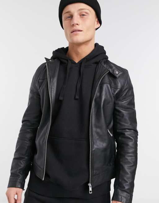 ASOS DESIGN real leather racer jacket in black