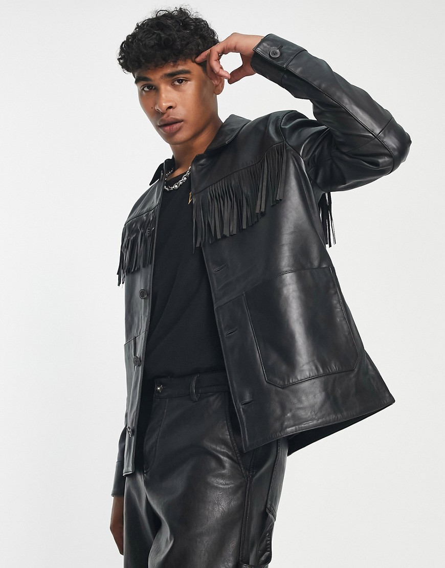 ASOS DESIGN real leather shacket with tassels in black