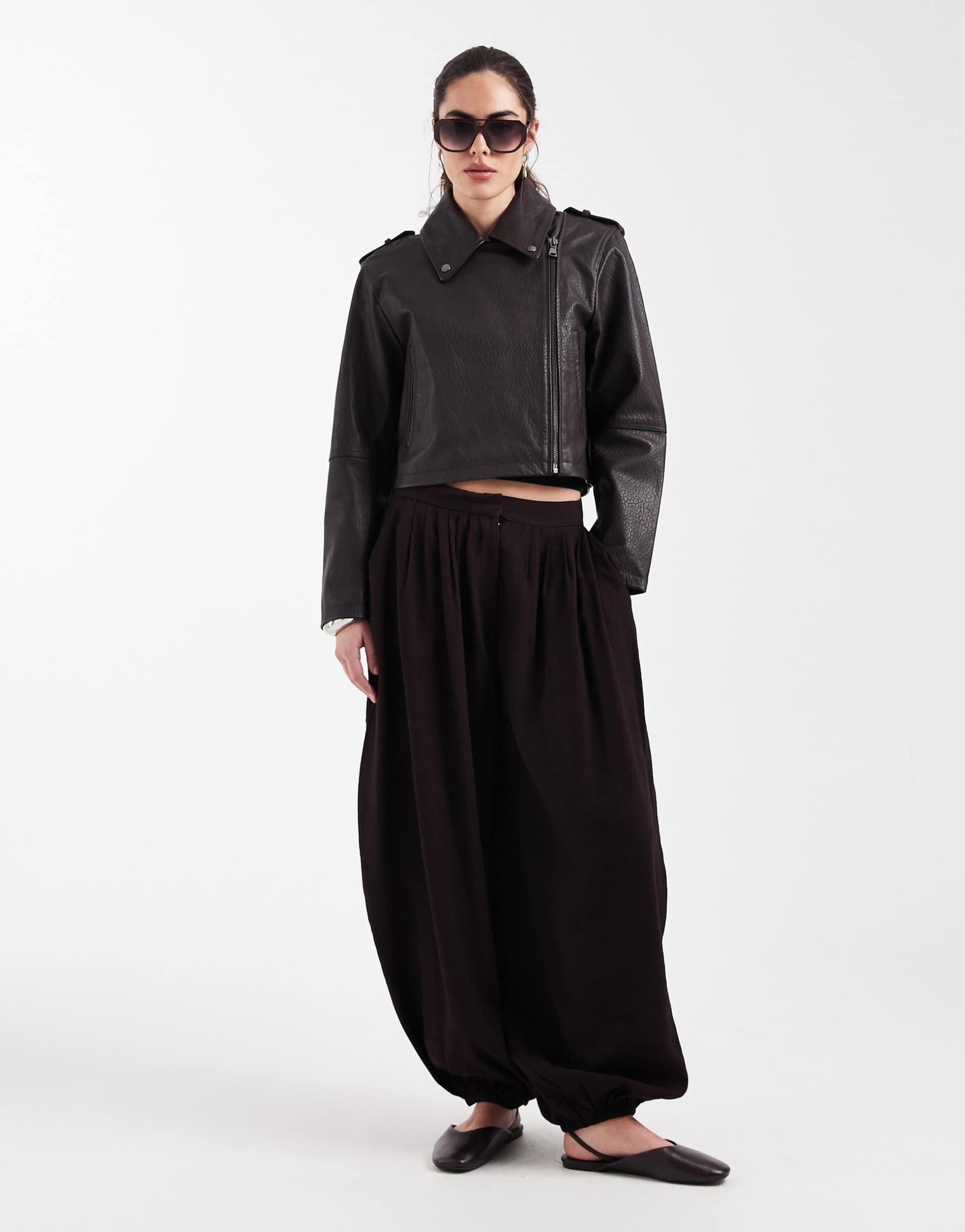 asos design real leather short biker jacket in brown