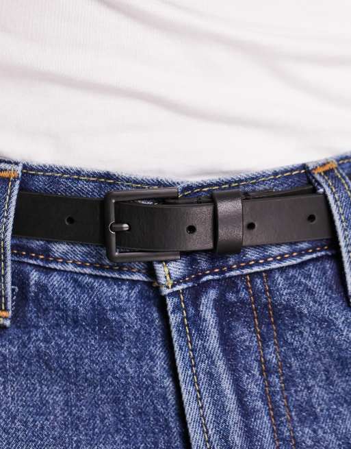 ASOS DESIGN smart leather belt with matte black buckle in black