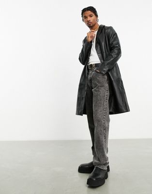 Asos Design Real Leather Trench Coat In Black In Brown