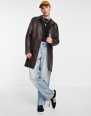ASOS DESIGN real leather trench coat in brown