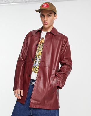 ASOS DESIGN real leather trench coat in burgundy | ASOS