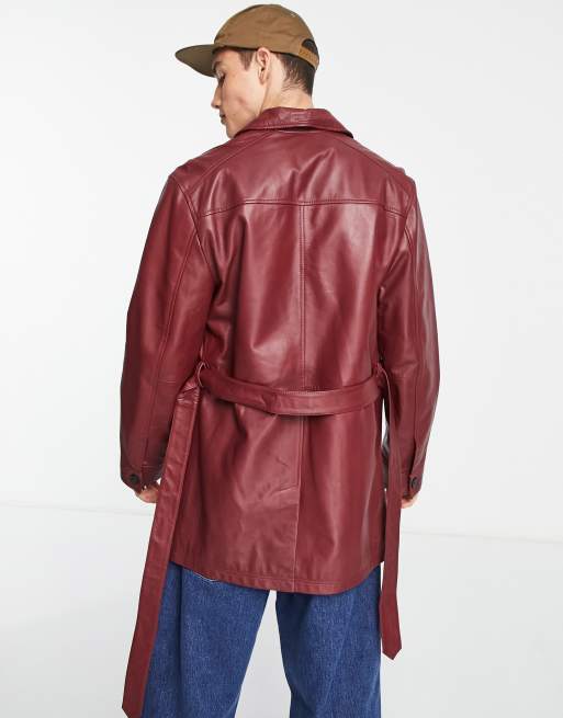 Men Dark Red Long Leather Trench 