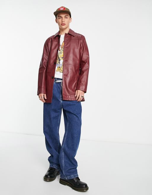 ASOS DESIGN real leather trench coat in burgundy, 3 of 4