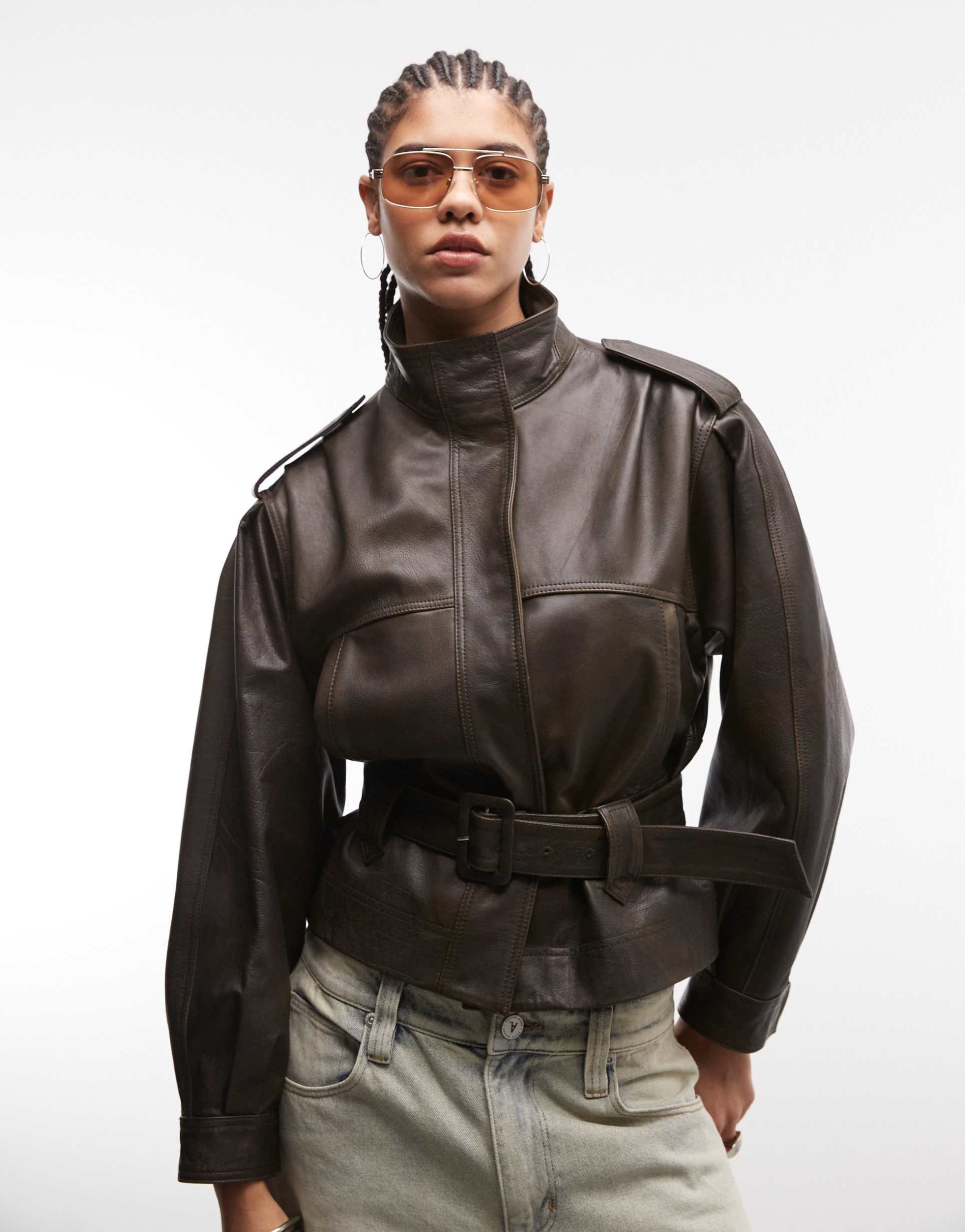 asos design real leather utility belted jacket in washed brown